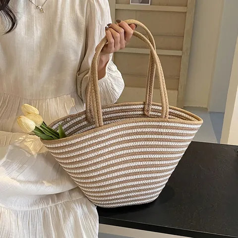 Striped Woven Tote Bag Large Capacity Hand-Woven Handbag Casual Beach Vacation Shoulder Bag For Women
