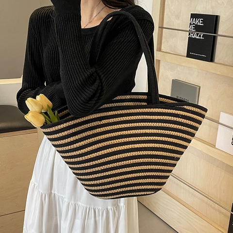 Striped Woven Tote Bag Large Capacity Hand-Woven Handbag Casual Beach Vacation Shoulder Bag For Women