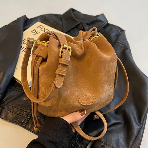 Borsa A Secchiello Donna Retro Pelle PU Consistenza Opaca Coulisse Tracolla Borsa A Spalla Cinturino Regolabile Stile Vintage