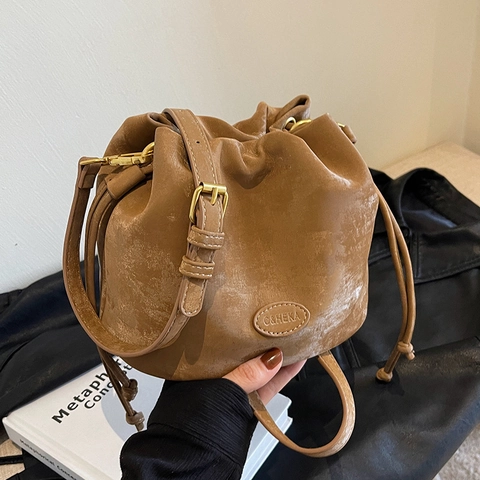 Borsa A Secchiello Donna Retro Pelle PU Consistenza Opaca Coulisse Tracolla Borsa A Spalla Cinturino Regolabile Stile Vintage