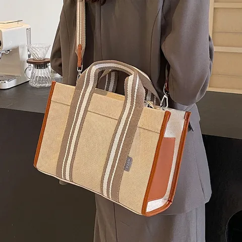 Grande Borsa Tote In Tela Da Donna Con Tracolla A Righe E Finiture In Ecopelle Borsa A Mano Versatile Casual Da Spalla