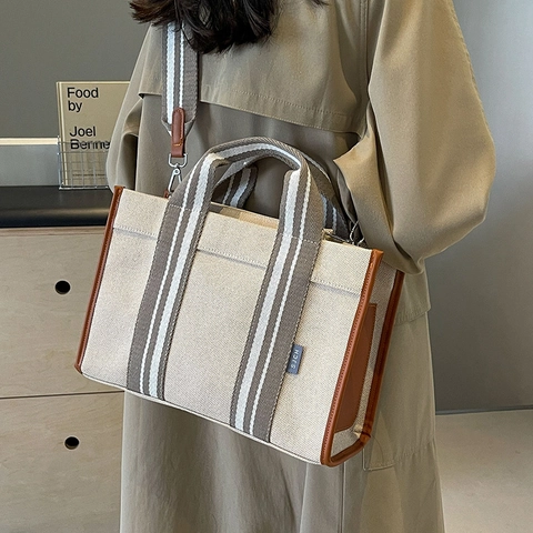 Grande Borsa Tote In Tela Da Donna Con Tracolla A Righe E Finiture In Ecopelle Borsa A Mano Versatile Casual Da Spalla