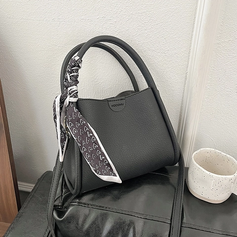 Borsa a Secchiello in Pelle PU Vintage con Texture Litchi per Donna Borsa a Mano Retro con Sciarpa Decorativa Grande