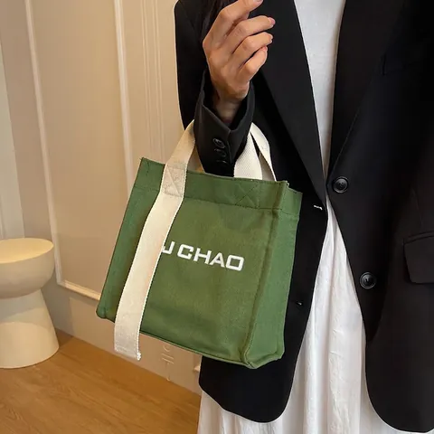 Canvas Bucket Bag Wide Strap Letter Print Crossbody Handheld Korean Style Versatile Chic Accessory For Women