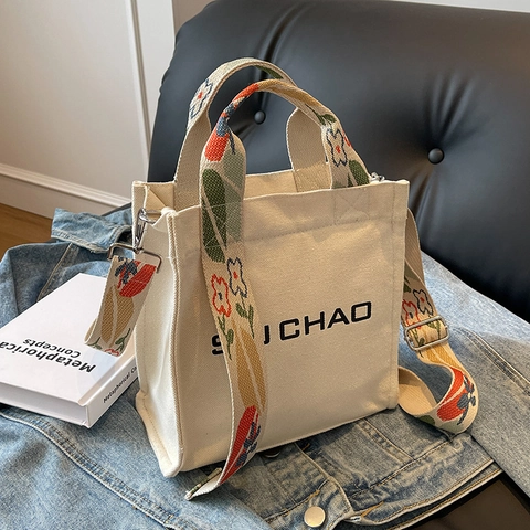 Canvas Bucket Bag Wide Strap Letter Print Crossbody Handheld Korean Style Versatile Chic Accessory For Women