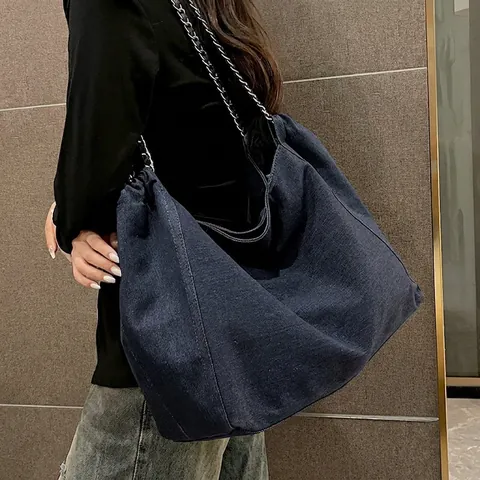 Damen Denim Tote Bag Große Kapazität Silberne Kette Kordelzug Hobo Umhängetasche Lässig Vielseitig
