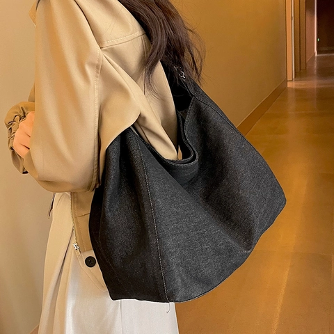 Damen Denim Tote Bag Große Kapazität Silberne Kette Kordelzug Hobo Umhängetasche Lässig Vielseitig