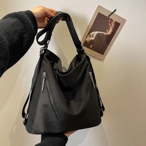 Borsa A Tracolla Versatile In Nylon Nero Grande Capacità Tasca Multipla Minimalista Urban Tote Zaino Da Donna Pendolarismo