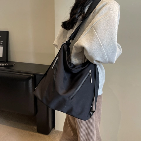 Borsa A Tracolla Versatile In Nylon Nero Grande Capacità Tasca Multipla Minimalista Urban Tote Zaino Da Donna Pendolarismo