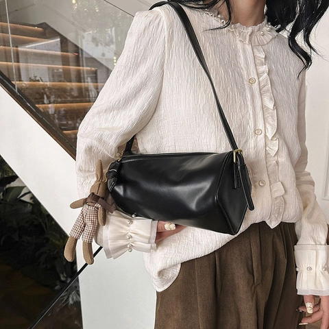 Women PU Leather Cylinder Shoulder Bag Retro Bow Knot Crossbody Barrel Handbag With Rabbit Pendant Chic Versatile