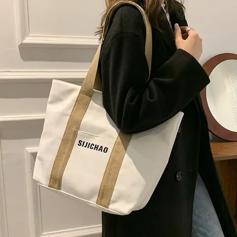 Bolso Tote De Lona De Gran Capacidad Con Correas En Contraste Bolso De Mano Minimalista Con Estampado De Letras Casual