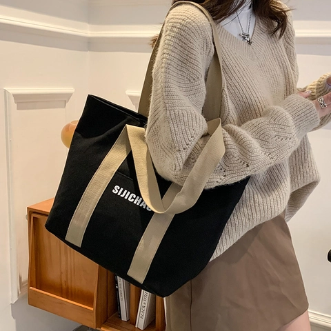 Bolso Tote De Lona De Gran Capacidad Con Correas En Contraste Bolso De Mano Minimalista Con Estampado De Letras Casual