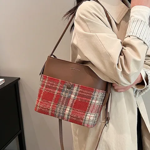 Damen Retro Karomuster Patchwork PU Leder Woll Beuteltasche Große Kapazität Crossbody Schultertasche Casual