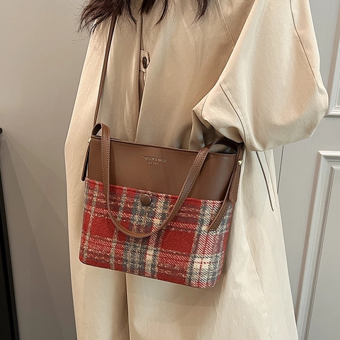 Damen Retro Karomuster Patchwork PU Leder Woll Beuteltasche Große Kapazität Crossbody Schultertasche Casual