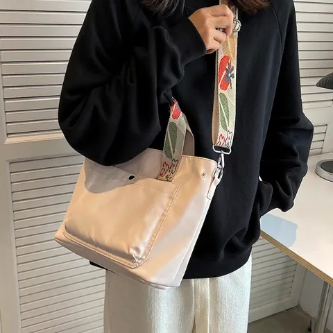 Large Capacity Tote Bag Nylon Fabric With Floral Print Wide Strap Handheld Shoulder Bag For Women Casual Commuting
