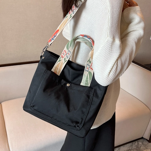 Large Capacity Tote Bag Nylon Fabric With Floral Print Wide Strap Handheld Shoulder Bag For Women Casual Commuting