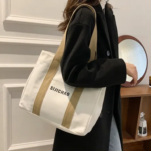 Bolso Tote De Lona Gran Capacidad Estampado De Letras Bolso De Hombro Minimalista Para Mujeres Escuela Viaje
