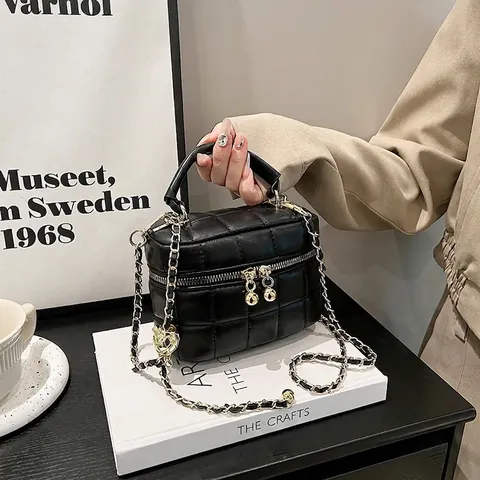 Mini Sac À Main Vanity Cuir PU Matelassé Motif Diamant Chaîne À Boule Dorée Petit Sac Bandoulière Pour Femmes