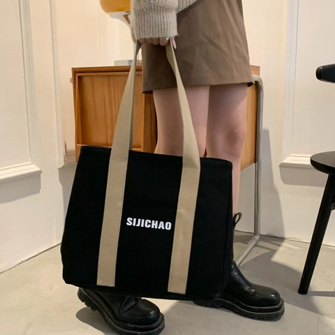 Bolso Tote De Lona Gran Capacidad Estampado De Letras Bolso De Hombro Minimalista Para Mujeres Escuela Viaje