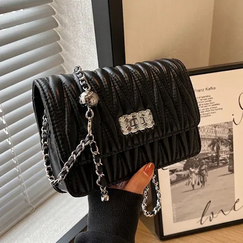 Women Quilted Matelassé Shoulder Bag PU Leather Silver Metal Chain Strap Ball Charm Square Crossbody Bag