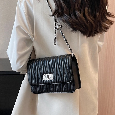 Women Quilted Matelassé Shoulder Bag PU Leather Silver Metal Chain Strap Ball Charm Square Crossbody Bag