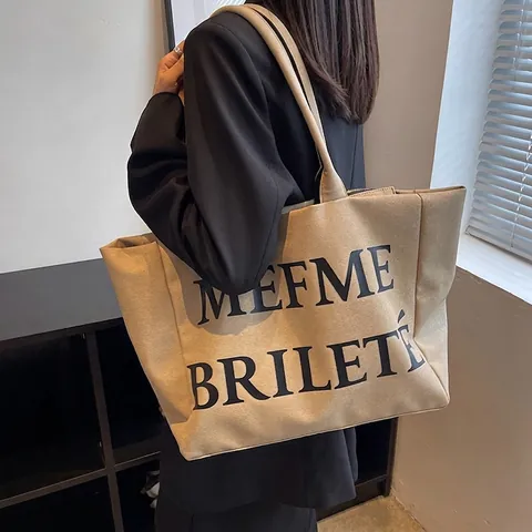 Große Kapazität Canvas Tragetasche Buchstaben Druck Reißverschluss Pendler Schulterhandtasche Für Frauen