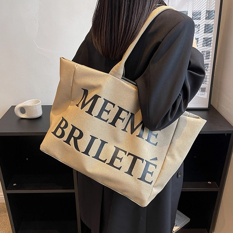 Große Kapazität Canvas Tragetasche Buchstaben Druck Reißverschluss Pendler Schulterhandtasche Für Frauen