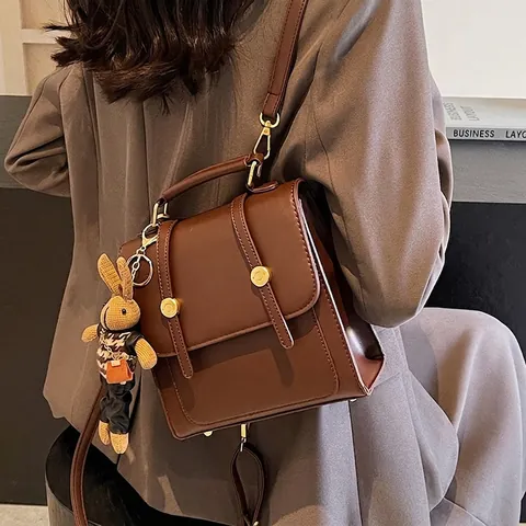Retro PU Leather Backpack For Women Fashion Solid Color Multi Functional Handbag College Style With Bunny Charm