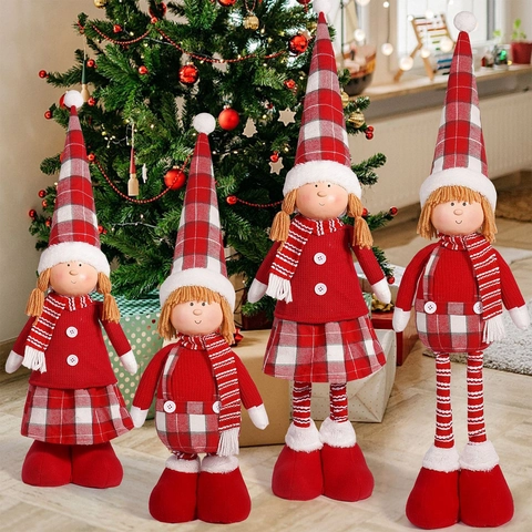 Weihnachtsfigur Dekoration Rot Weiß Kariert Gestrickt Ausziehbar Teleskopbeine Stehend Feiertag Home Decor Figur