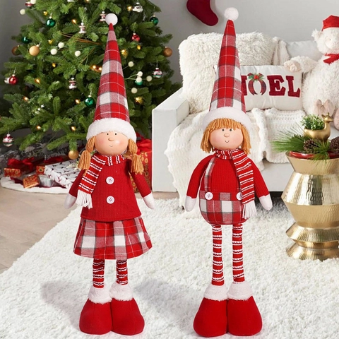 Weihnachtsfigur Dekoration Rot Weiß Kariert Gestrickt Ausziehbar Teleskopbeine Stehend Feiertag Home Decor Figur