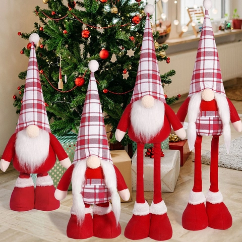 Gnome De Noël En Peluche Poupée Sans Visage Décorative Jambes Extensibles Chapeau À Carreaux Rouge Blanc Longue Barbe Décoration De Table
