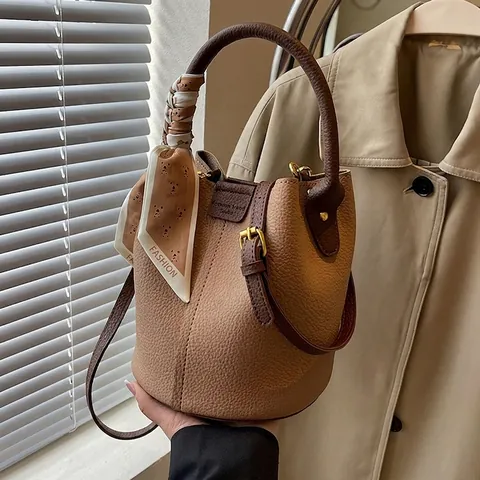 Retro PU Leder Eimer Tasche Lychee Narbung Damen Handtasche Mit Dekorativem Satinnschal Kleine Umhängetasche