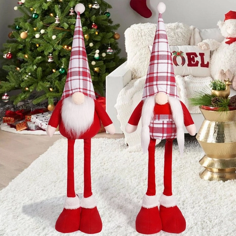 Gnome De Noël En Peluche Poupée Sans Visage Décorative Jambes Extensibles Chapeau À Carreaux Rouge Blanc Longue Barbe Décoration De Table