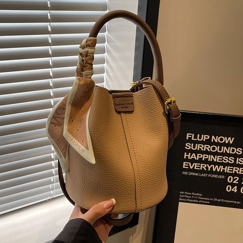 Retro PU Leder Eimer Tasche Lychee Narbung Damen Handtasche Mit Dekorativem Satinnschal Kleine Umhängetasche
