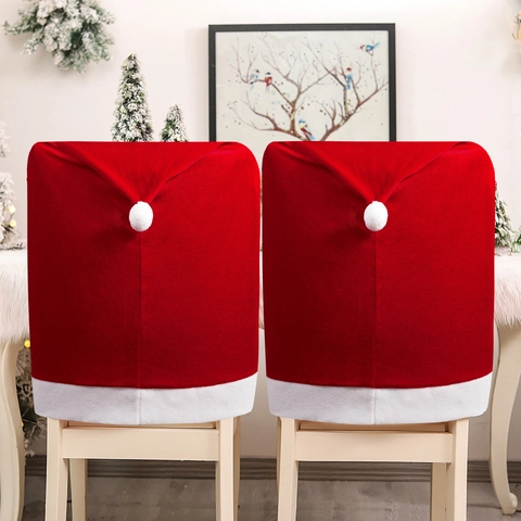 Christmas Santa Hat Chair Covers Red White Velvet Dining Room Holiday Party Home Festive Decor