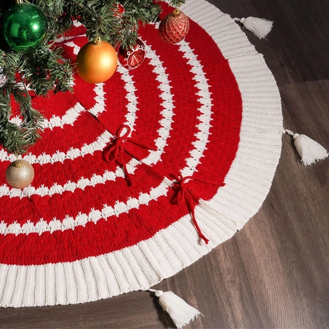 Gonna Per Albero Di Natale A Maglia Acrilico Righe Rosse Bianche Nappa Decorazione Festiva Ornamento Morbido Casa Classico