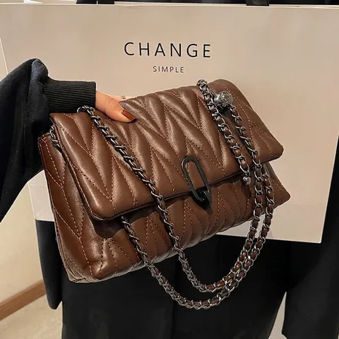 Bolso Bandolera Acolchado Para Mujer Patrón De Chevron Cuero PU Cadena Correa De Hombro Cierre En U Elegante Bolso Cuadrado