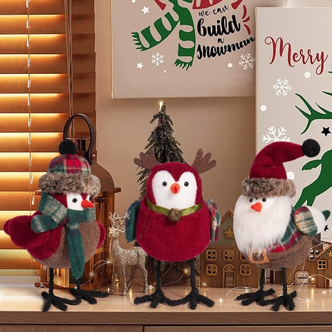 Ornements Oiseaux De Noël Figurines Décoration De Table Feutre Peluche Tissu Père Noël Renne Chapeau À Carreaux