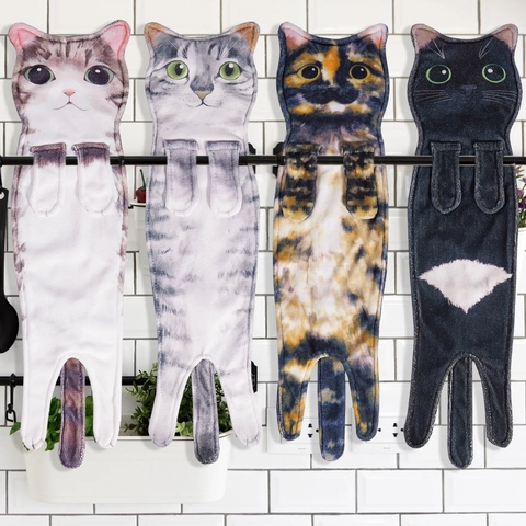 Realistic Cat Shaped Hanging Hand Towel Soft Absorbent Polyester Fiber For Kitchen Bathroom Cute Decorative Animal Design