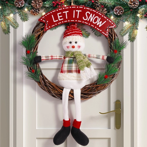 Corona De Navidad De Muñeco De Nieve De Mimbre Decoración De Puerta Con Let It Snow Peluche Pino Bayas Festivo