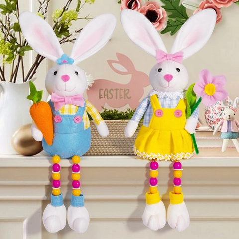 Poupées Peluche Lapin De Pâques Jambes Longues Perles Figurines Décoration De Table Saisonnière Cadeaux De Fête Ornements