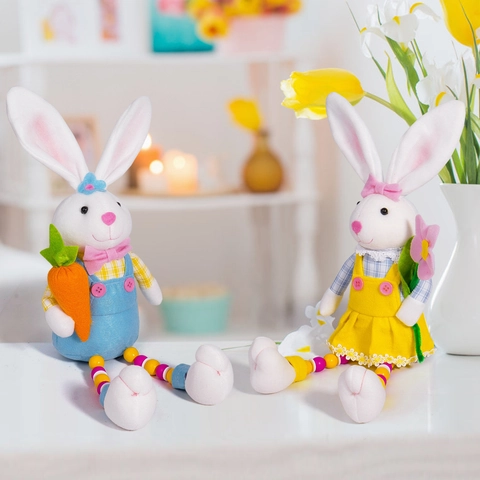 Easter Bunny Plush Doll With Beaded Legs Plaid Outfit Sitting Rabbit Ornament With Carrot Flower For Festival Home Decor