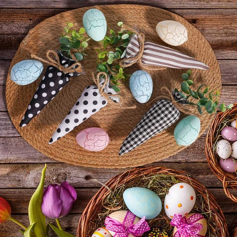 Ornamenti Di Carota In Tessuto Di Pasqua Cotone Lino Quadri Pois Righe Con Foglie Artificiali Corda Di Juta Decorazione
