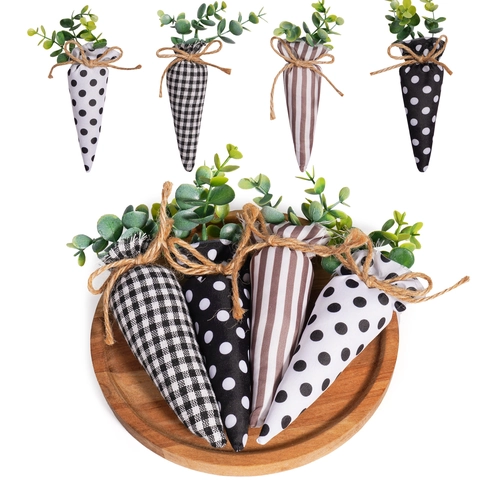 Ornamenti Di Carota In Tessuto Di Pasqua Cotone Lino Quadri Pois Righe Con Foglie Artificiali Corda Di Juta Decorazione