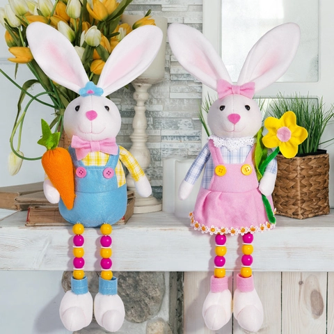 Easter Bunny Rabbit Plush Ornament Long Colorful Bead Legs Holding Carrot Flower Sitting Holiday Home Decoration