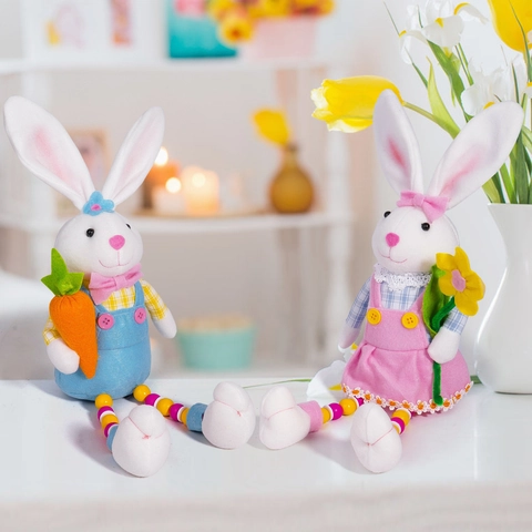 Easter Bunny Plush Doll Ornament With Beaded Long Legs Carrot Flower Gingham Rabbit Figurine Home Festive Party Decoration Gift