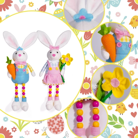 Easter Bunny Plush Doll Ornament With Beaded Long Legs Carrot Flower Gingham Rabbit Figurine Home Festive Party Decoration Gift