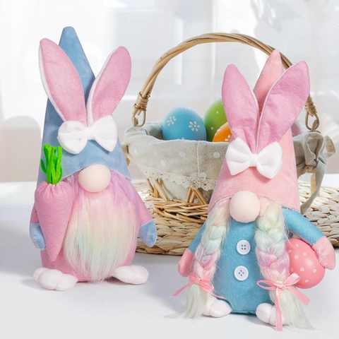 Easter Gnomes Plush Rabbit Bunny Ears Faceless Doll Ornament Tabletop Decoration Handmade Rainbow Beard Polyester