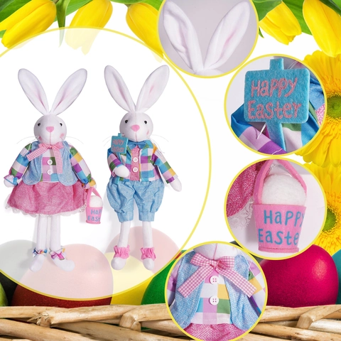 Conejo de Pascua de Peluche Muñeca Ropa a Cuadros Con Letrero de Happy Easter Para Fiesta Decoración de Hogar Regalo