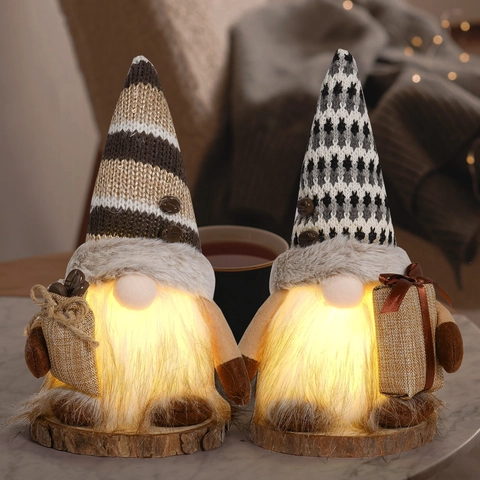 Coffee Theme Gnome LED Lighted Ornament Faceless Doll Knitted Hat Faux Fur Beard For Home Shelf Desk Table Decoration